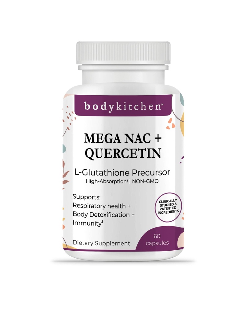 Body Kitchen Mega NAC (N-Acetyl Cysteine) 600 mg con Quercetin, Supporta la salute respiratoria e la funzione immunitaria e promuove il fegato e il rene disintossicazione, Veggie Caps, (Pack of 1)