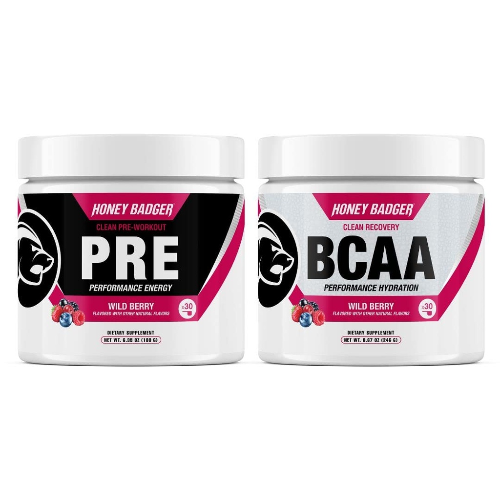 Miele Badger Pre Workout Powder & BCAA Aminoacidi Polvere Bundle | Beta Alanine, Caffeina & Vitamina C + Elettroliti | Vegan Keto Sugar Free & Paleo per uomini e donne | 30 Servings (Wild Berry)