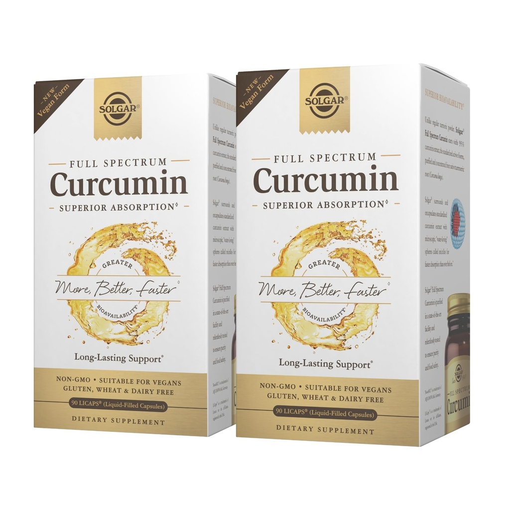 Solgar Full Spectrum Curcumin - 90 LiCaps, Confezione da 2 - Assorbimento Superiore - Cervello, Joint & Immune Health - Non-GMO, Vegan, Gluten Free, Dairy Free - 180 Total Servings