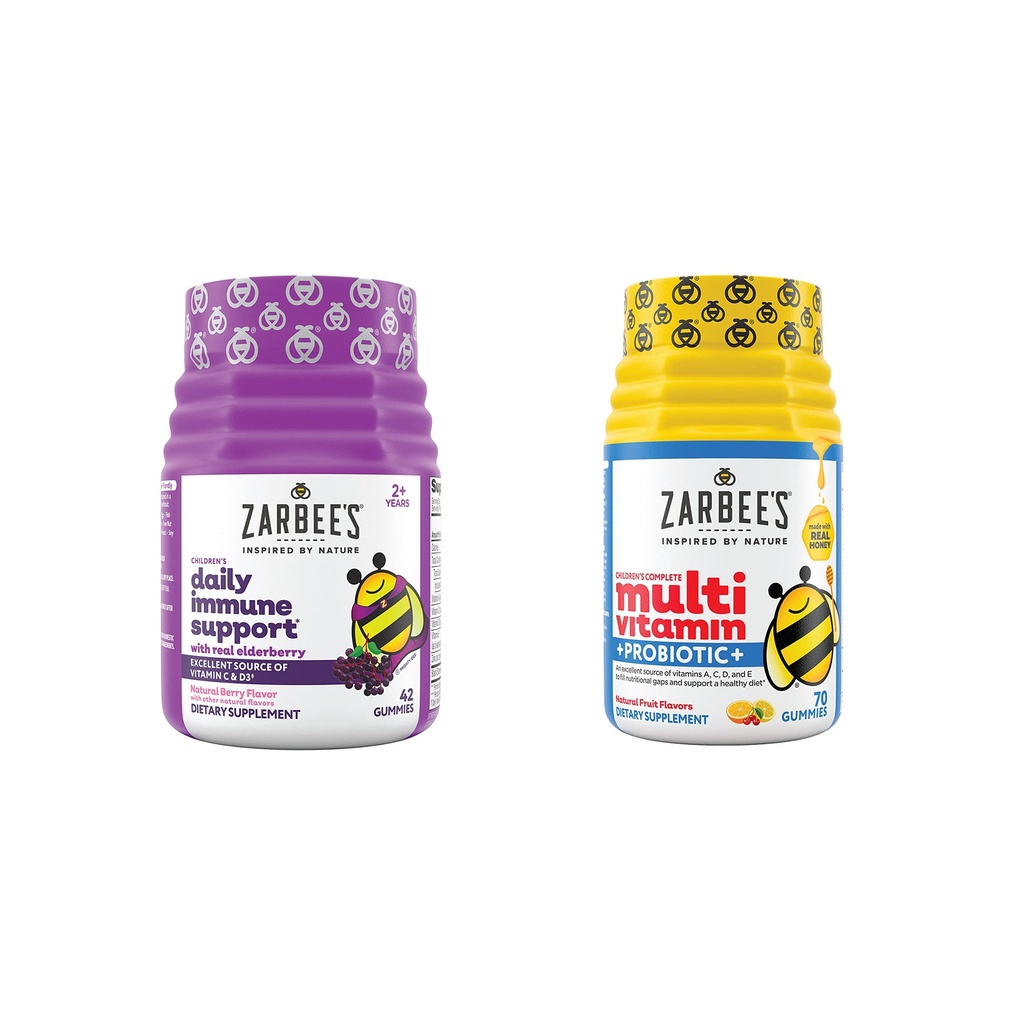 Zarbee's Kids Daily Immune Support & Kids Multivitamin + Probiotic Multipack, Supporto Immune Gummies con Elderberry, Vitamina C & Zinc, 42 ct, & Vitamine per bambini + Gummie Probiotiche, 70 ct, 2 Articoli