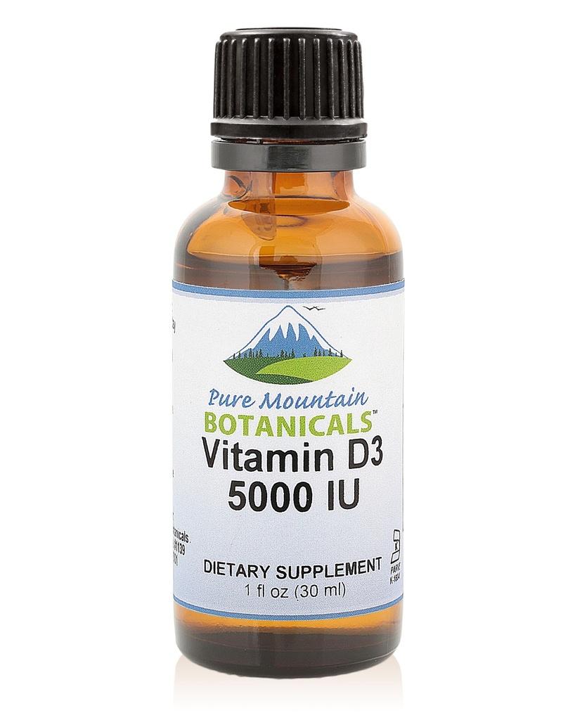 Pure Mountain Botanicals Liquid Vitamina D Gocce - Gocce liquide Kosher D3 non aromatizzate in olio MCT - 5000IU per porzione - 1oz Bottiglia