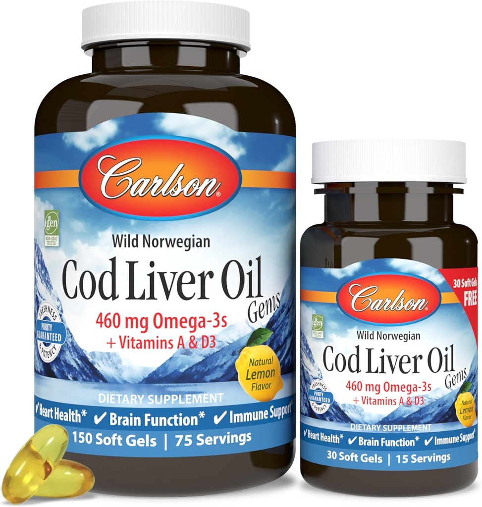Carlson - Cod Liver Oil Gems, 460 mg Omega-3s + Vitamine A & D3, Wild-Caught Norvegese Arctic Cod Liver Oil, Sustainably Sourced Nordic Fish Oil Capsules, Lemon, 180 Softgels
