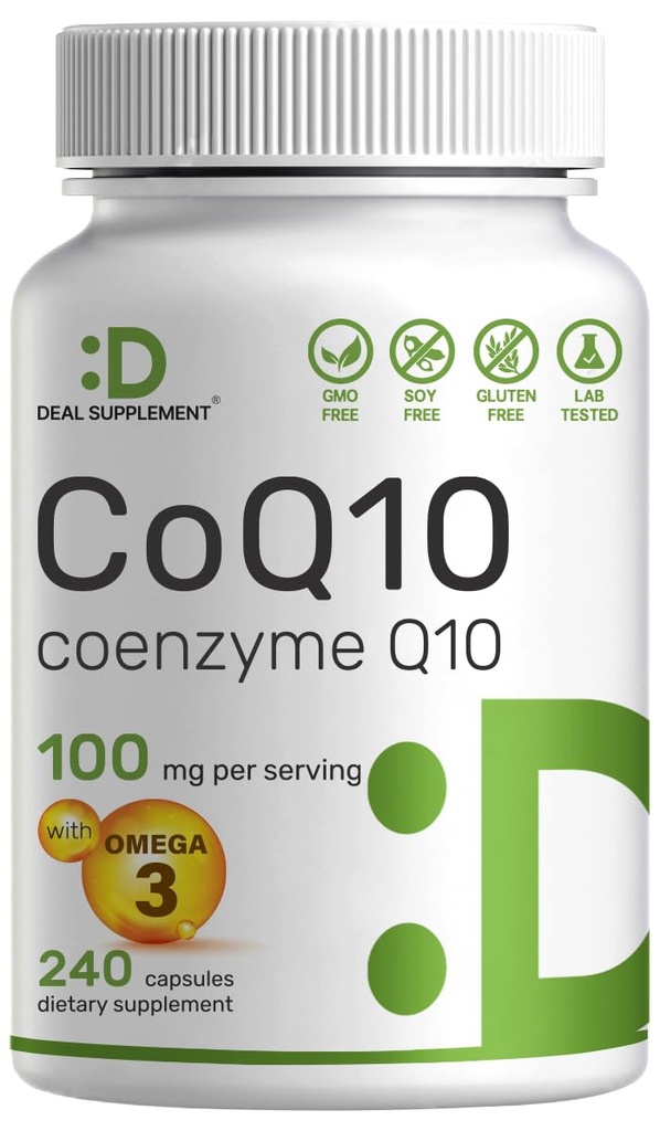 DEAL SUPPLEMENTO CoQ10 100mg con Omega 3 100mg, 240 capsule | Biodisponibile Coenzyme Q10 Formula | Non OGM