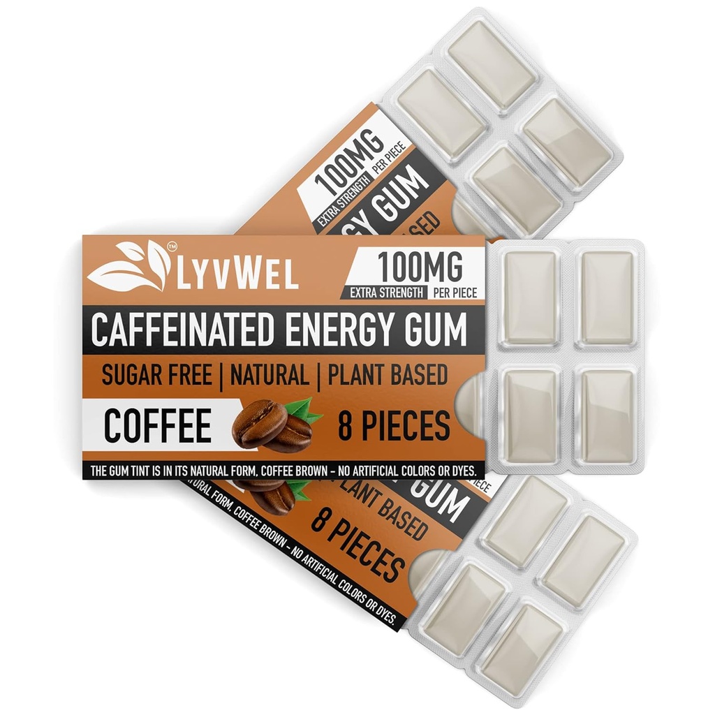 LyvWel Energy Gum | 100mg Caffeina per gemma | Tutto naturale | Zucchero-Free Pre-Workout Boost: il vostro supplemento di energia essenziale per rimanere Awake- 3 Pack ()