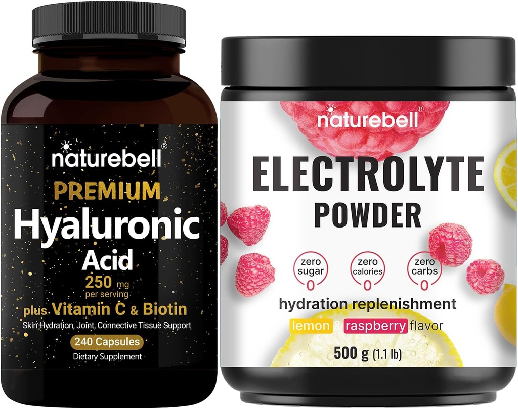 Capsule di acido ialuronico di NatureBell con Biotin + Vitamina C & Electrolyte Hydration Powder Bundle Pack | Complete Beauty Care Complex | Elettroliti di acqua di cocco reale