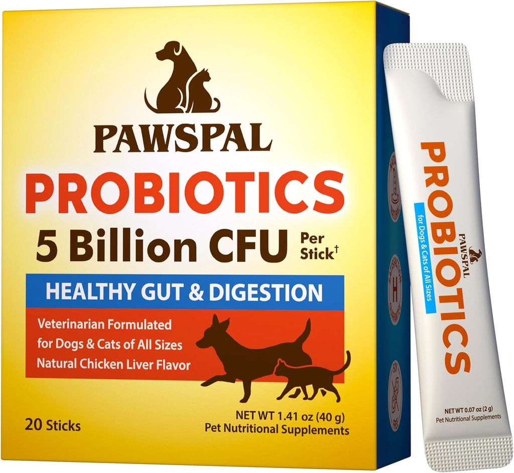 Probiotici per cani e gatti, 5 miliardi di CFU, Veterinaria Formulato, Salute Digestiva e Immune, Gut Flora Balance, Tutti Probiotici Naturali Polvere, Pollo Liver Flavor, 20 Sticks