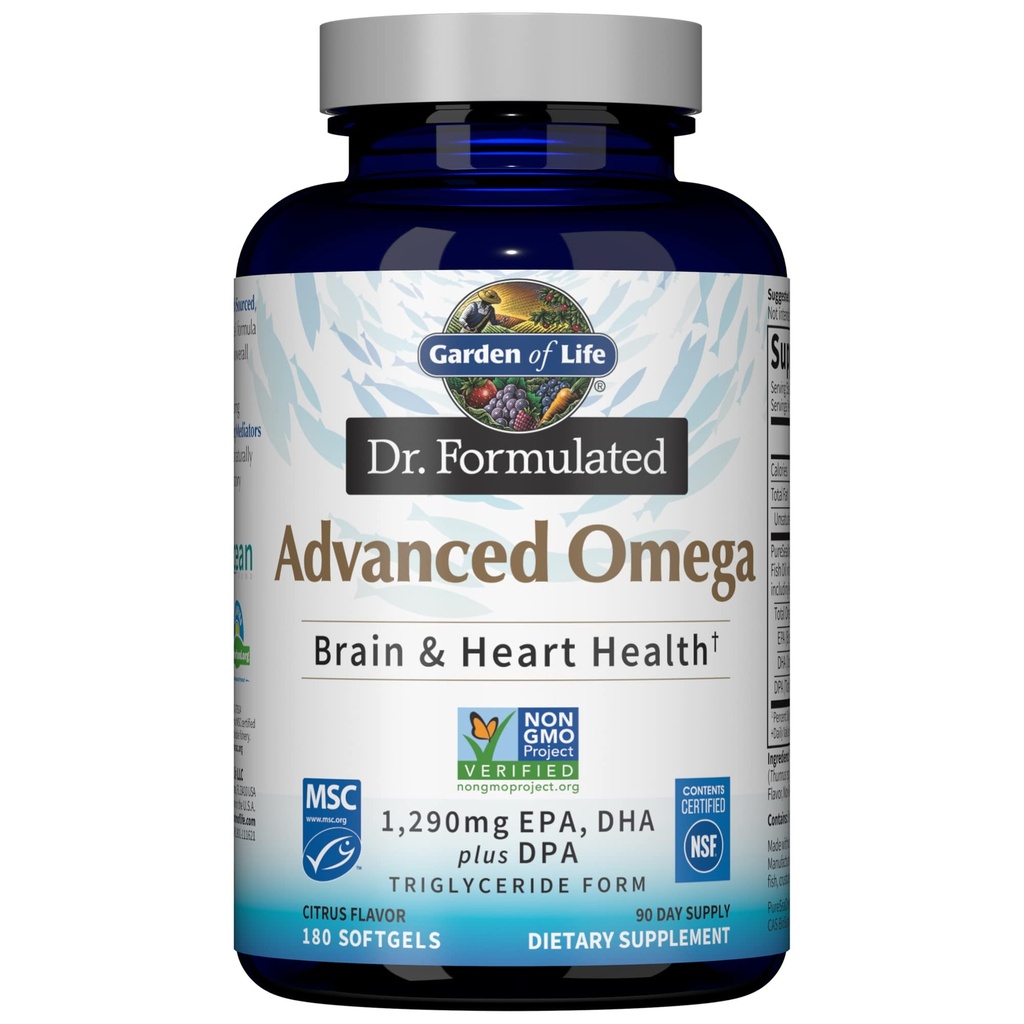 Giardino della vita Dr. Formulated Advanced Omega Fish Oil - limone, 1.290mg EPA, DHA + DPA in forma di trigliceride, Supplemento Omega 3 a singola fonte per la salute del cervello e del cuore, Non-GMO, 180 Softgels