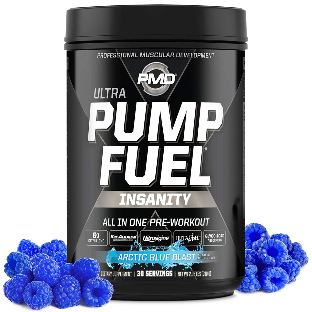 Pompa sportiva PMD Fuel Ultra Insanity - Premium Pre Workout Powder & Muscle Pump, Maggiore messa a fuoco, Endurance & Recovery, Creatina Premium, Arginine & Beta Alanine - Arctic Blue Blast (30 Serve)