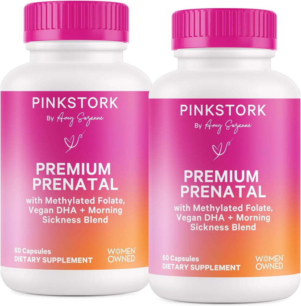 Pink Stork Premium Vitamina Prenatale per le donne - Multivitamin & Probiotics - Mattina Malattia, Digestione, & Energy - Folate, B6, & Iron - 60 Capsule - 2 Pack