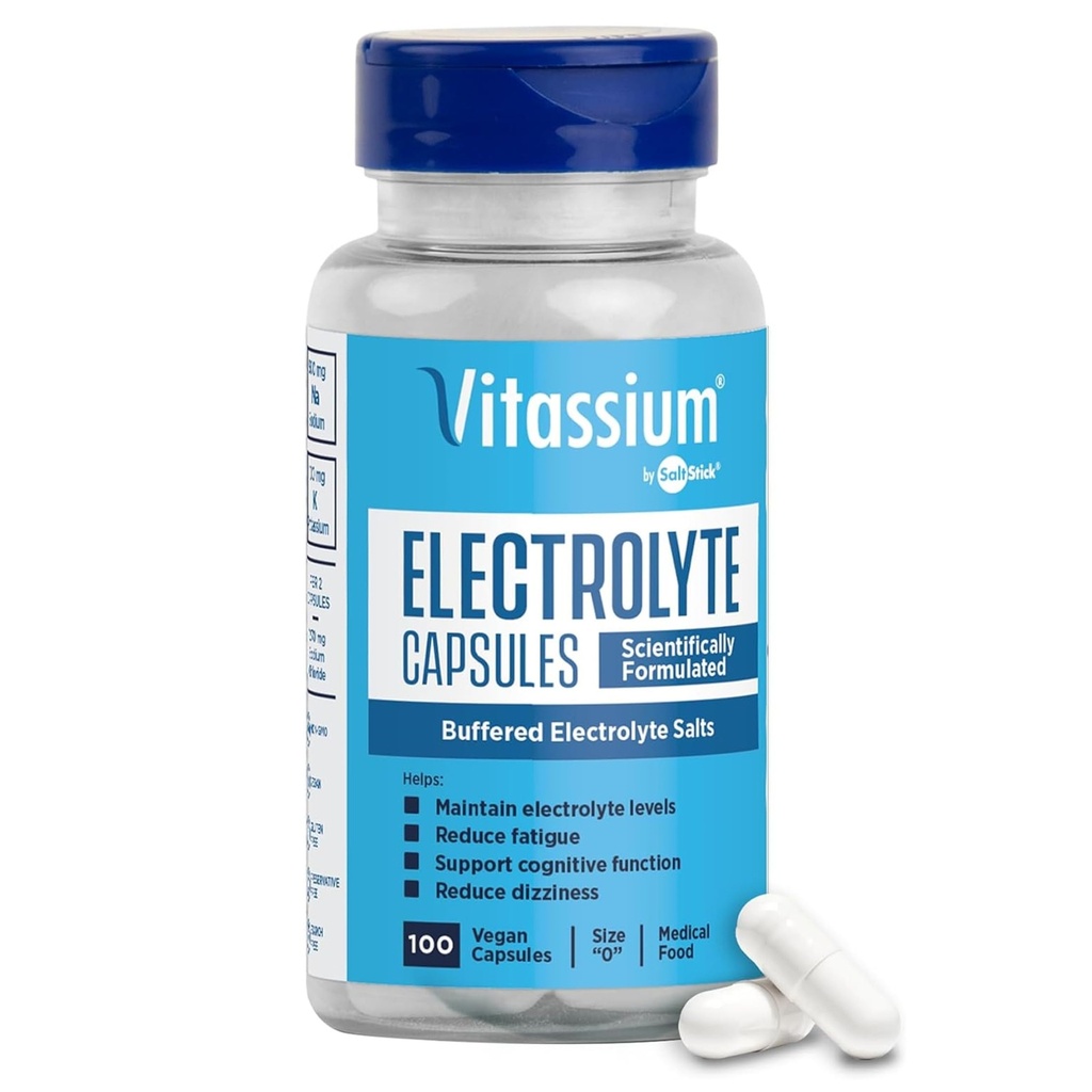 Vitassium Electrolyte Capsule, Elettroliti per la gestione di POTS e diete ad alto contenuto di sodio (500mg di sodio - 100mg di potassio), non aromatizzato, 100 Pillole di sale (dimensione 0)