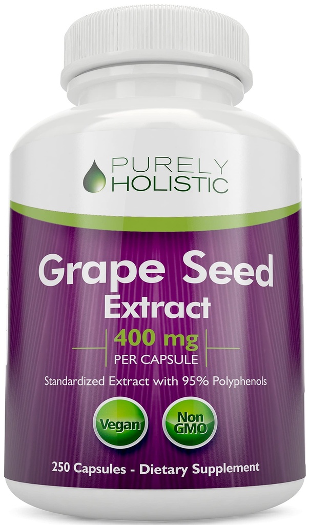 Estratto di semi di uva puramente olistico 20.000mg - 250 capsule vegane - 8+ Mese di alimentazione - Standardizzato al 95% Polifenoli - 400 mg per capsula - Massima resistenza Grapeseed - Non-GMO & Pesticide Free