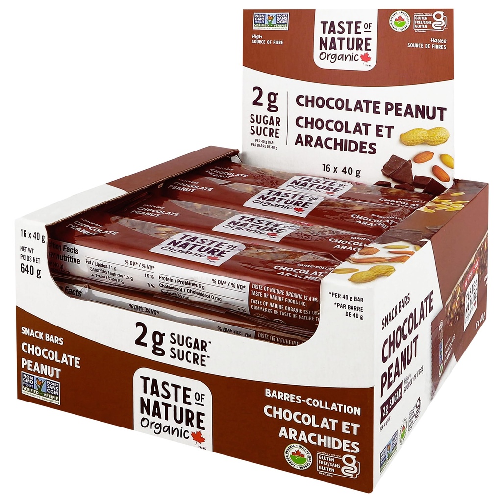 Gusto della natura - Organic 2g Zucchero Cioccolato Peanut - Basso Zucchero Snack e Bar colazione, Bar ad alta fibra di energia - 16 Conte Snack Pack