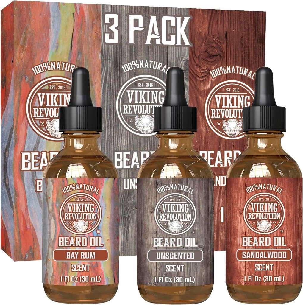 Viking Revolution Beard olio per gli uomini 3 Pack - Natural Mens Beard olio Varietà Set 2 - Sandalwood, Unscented and Bay Rum Scents - Beard Condizionamento e idratante per un cuscinetto sano (3 Pack, 1oz)