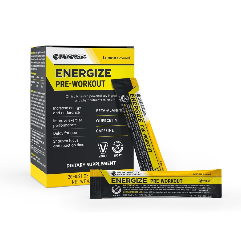 BODi Energize Pre Workout Powder - Beta-Alanine, Quercetin & Low-Dose Caffeine Formula per potenziare l'energia e la messa a fuoco, aumentare l'energia e la resistenza supplemento, limone aromatizzato, 20 Stick