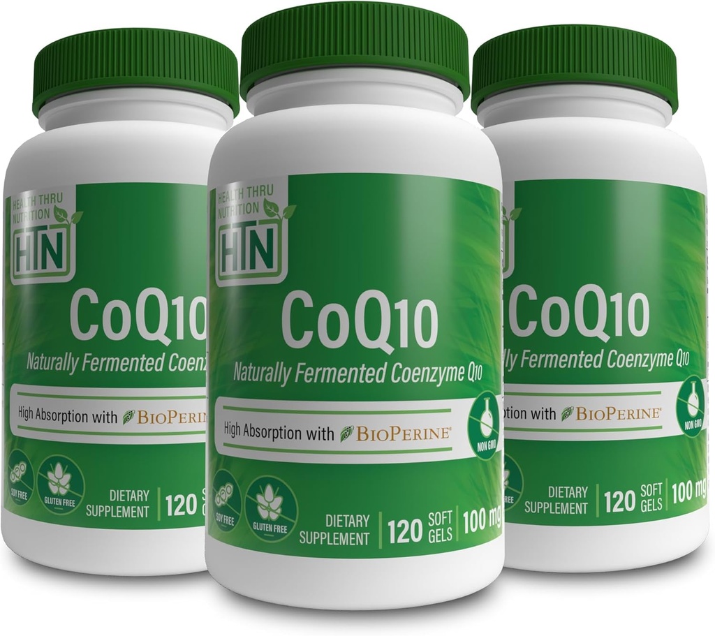 Salute Thru Nutrition CoQ-10 100mg con BioPerine (Pack of 3X 120 Softgels) | Alto assorbimento naturale Fermentato USP Grade Coenzyme Q10 | 3rd Party Testato | Heart Health and Energy Support