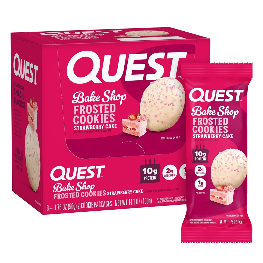 Quest Nutrition Frosted Cookies Twin Pack, torta di fragole, 1g zucchero, 10g proteine, 2g carboidrati netti, senza glutine, 16 biscotti