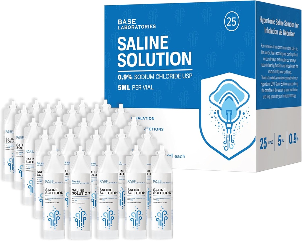 BASE LABORATORI 0,9% Soluzione Saline per Nebulizzatore Macchina | Soluzione Saline per Inalazione e Irrigazione Nasale | 0,9% Concentrazione l 25 Vials Dose unità 5ml