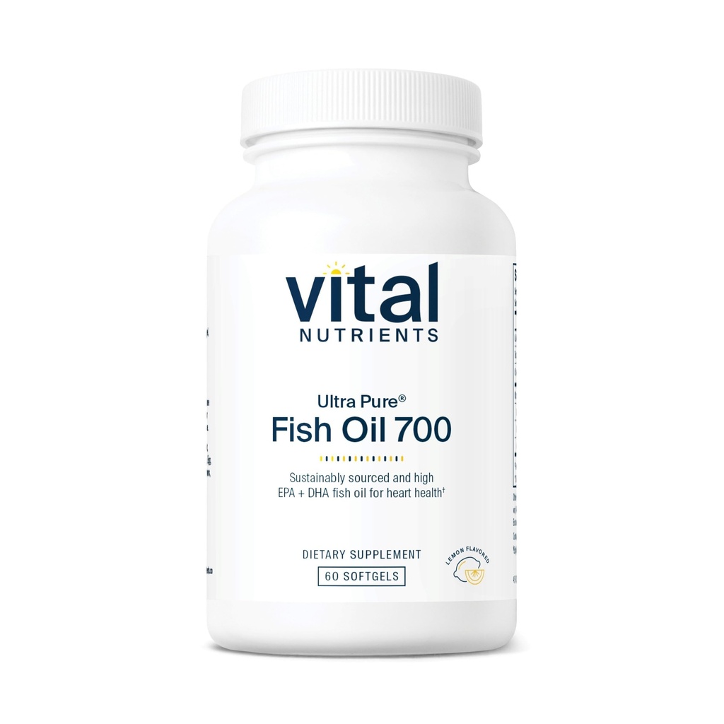 Vital Nutrients Ultra Pure® Fish Oil 700 | Supporta il cuore, il cervello e la salute comune* | Sustainably Sourced High EPA & DHA Omega-3 Grassty Acid | Lemon Flavor | Gluten, Dairy & Soy Free | 60 Softgels