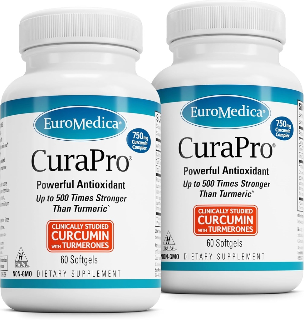 EuroMedica CuraPro - Integratore antiossidante per il supporto alla salute del cervello e dell'immune - Integratore alimentare con curcumina e olio essenziale curcumina - Supporto per fegato di erbe - 60 Softgels, 2 Pack (120 Softgels)