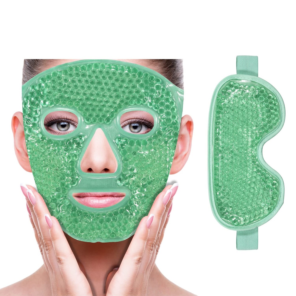 ZNÖCUETÖD Maschera per occhio di ghiaccio di raffreddamento per la riduzione del puffiness, borse sotto gli occhi, seno, rossore, sollievo del pavimento, cerchi di maiale, emicrania,Hot/Cold Pack con Soft Plush Backing(Green(1* Maschera per occhi+1*Face Mask))