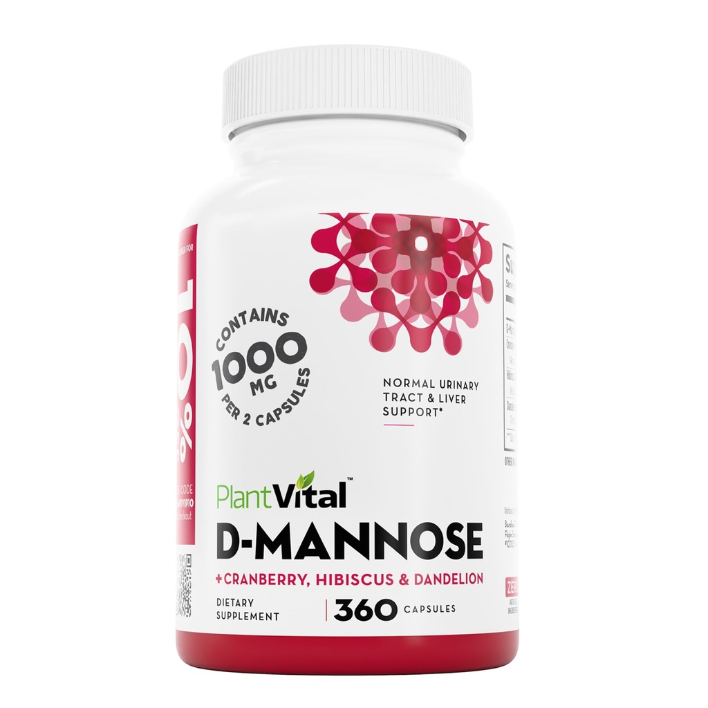 Plantvital D Mannose capsule con mirtillo - D-mannose 1000mg capsule - Alta potenza per la vescica, il rene e il supporto del tratto urinario. Polvere di mirtillo con Hibiscus e Dandelion. 6 mesi di fornitura
