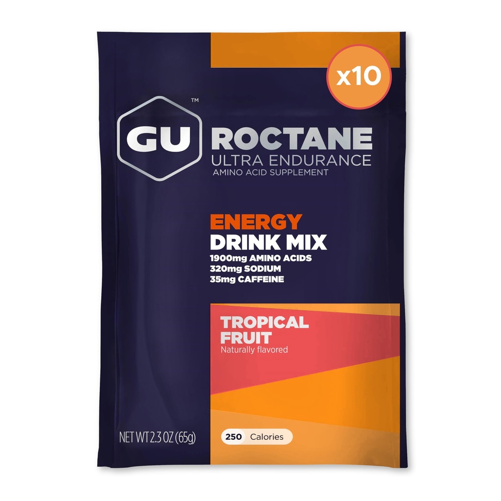 GU Energy Roctane Ultra Endurance Energy Drink Mix, Vegan, Gluten-Free, Kosher, 35 mg di caffeina e Dairy-Free n-the-Go Energy per qualsiasi allenamento, 10 Single-Serving Packets, Frutta tropicale