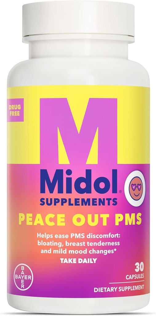 MIDOL completa la pace fuori PMS, supplemento di supporto PMS, formulato con Chasteberry per aiutare ad alleviare la stanchezza del seno e cambiamenti di umore mite, anche con polvere di zenzero e estratto di valeriana, 30 conte