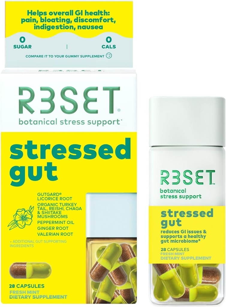 R3SET Stressed Gut Prebiotic Daily Supplement per Gut Health, Heartburn, Bloating, Gas – Probiotici di Complemento per Donne + Uomini - Ginger, Radice di liquirizia, Miscela di funghi organici, Naturale, 28 Conte