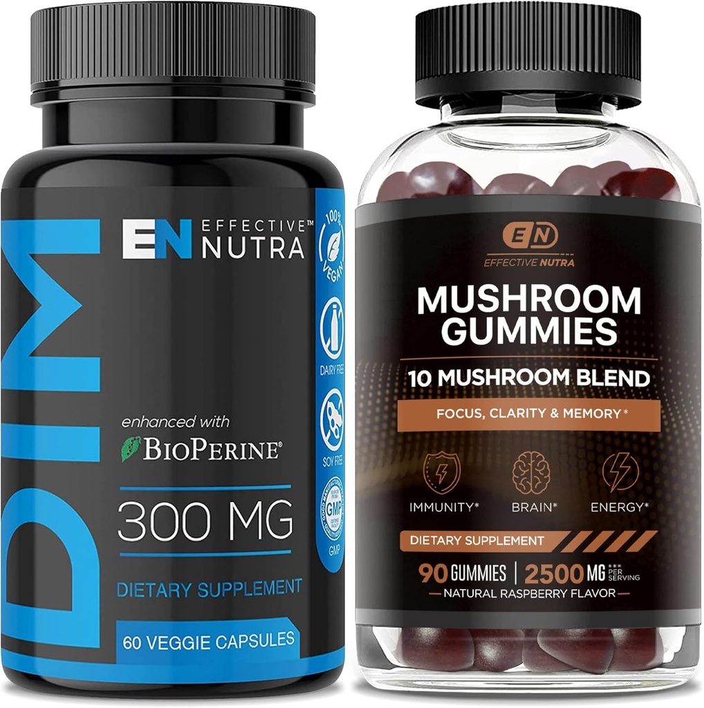 EFFECTIVE NUTRA DIM Supplemento 300mg & Mushroom Gummies 2500mg - Complesso DIM + Mushroom per l'equilibrio dell'ormone dell'estrogeno, trattamento di Acne & PCOS, supporto immunitario & energia