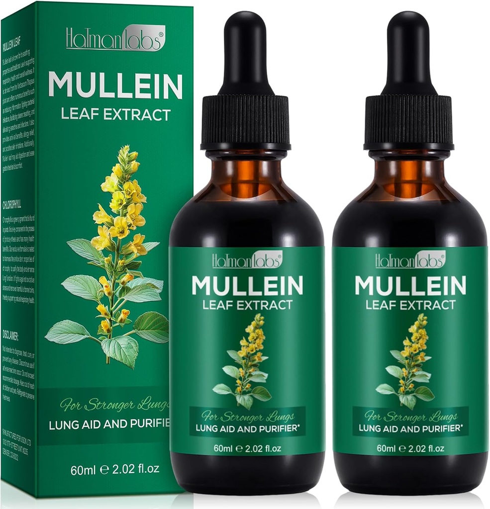 Gocce di Mullein 2 Pack per polmoni, Integratori naturali di erbe di Mullein, Estratto di foglie di Mullein per la pulizia dei polmoni e supporto respiratorio, 2.02 fl oz