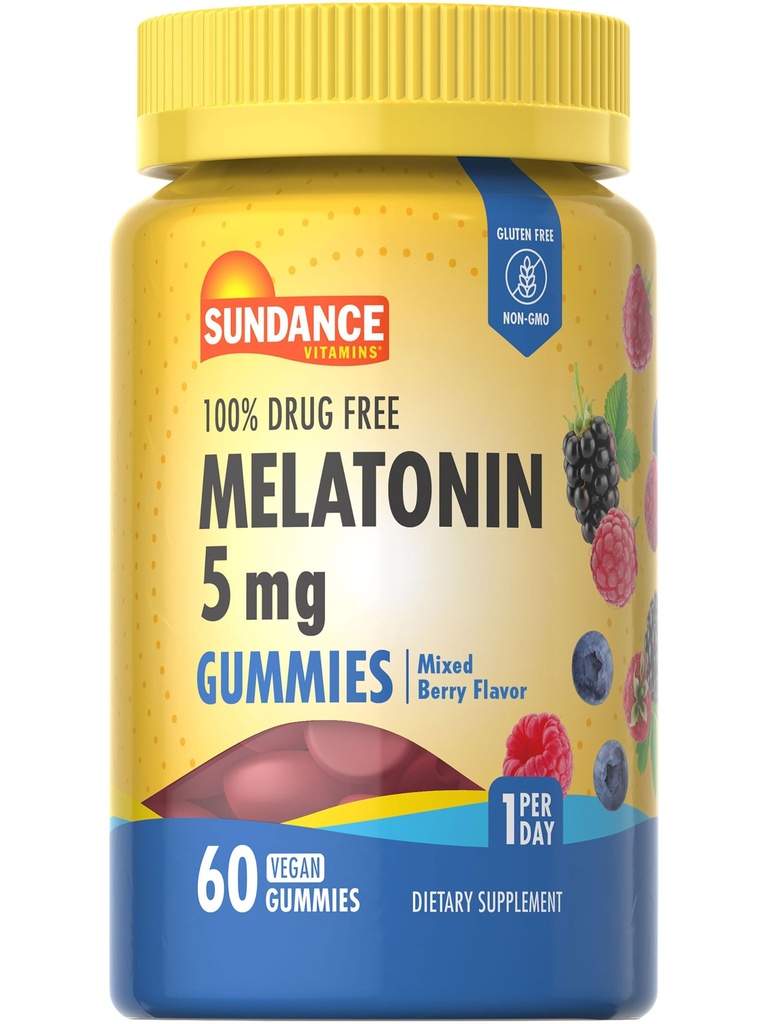 Sundance Melatonin Gummies 5mg | 60 Count | Mixed Berry Flavor | Vegan, Non-GMO & Gluten Integratore gratuito per adulti