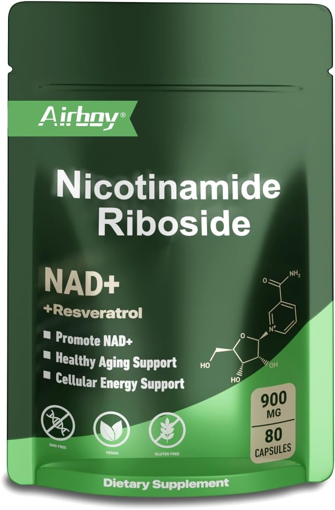 Airboy NAD Supplemento con Nicotinamide Riboside Resveratrolo & Quercetin 900 mg, NMNH alternativa per gli uomini e le donne Supporto Anti-invecchiamento, energia, messa a fuoco - 80 capsule