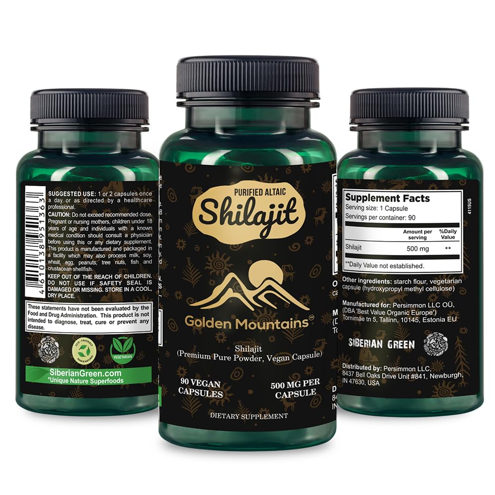 Golden Mountains Shilajit Vegan Capsule 500mg Pure Altai 90 Count Minerali Premium Trace