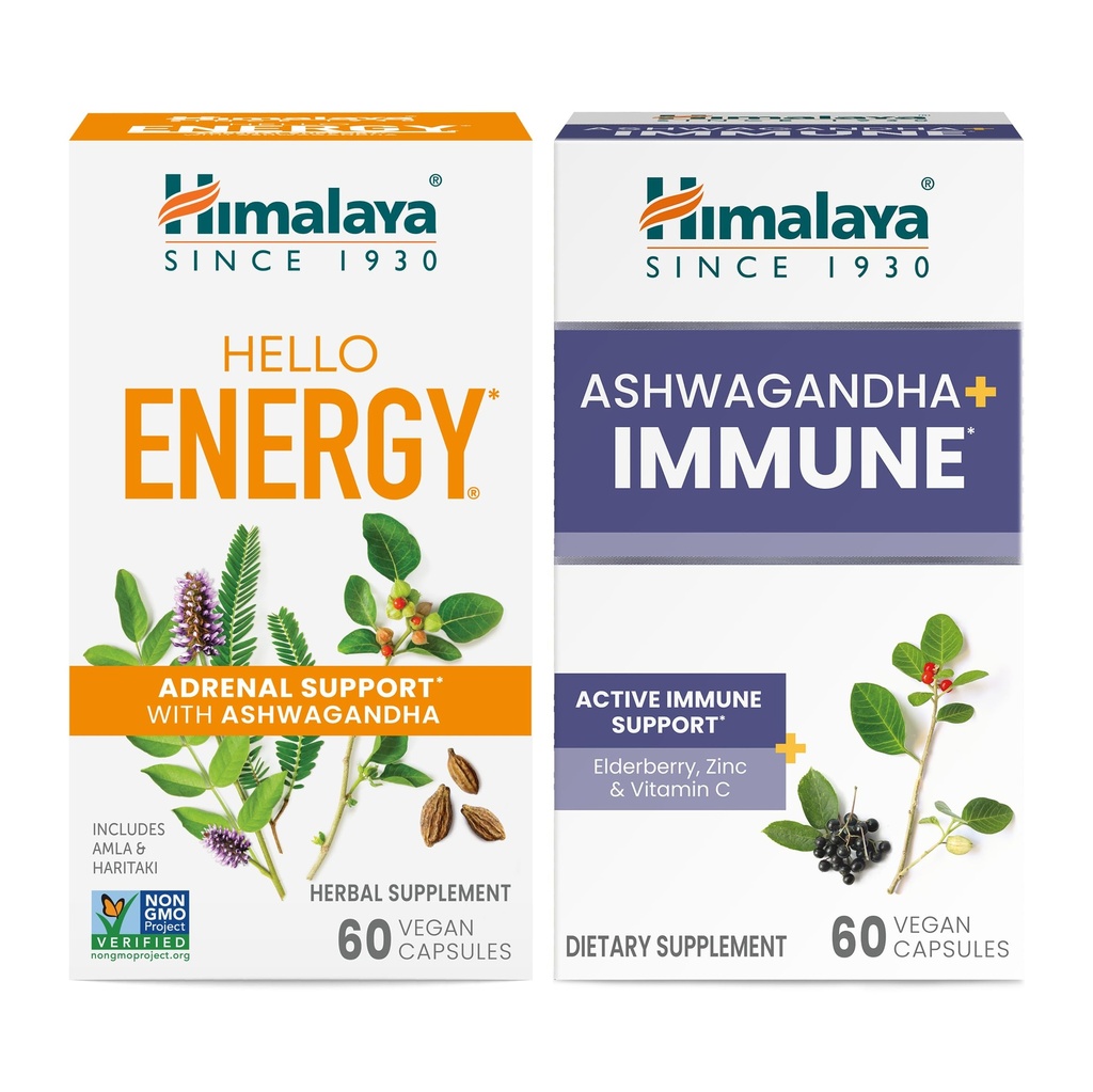 Himalaya Ciao energia con Ashwagandha per il supporto surrenale & Daily Energy e & Ashwagandha +Immune con vitamina C per il supporto immunitario attivo, 60 capsule ogni - Bundle