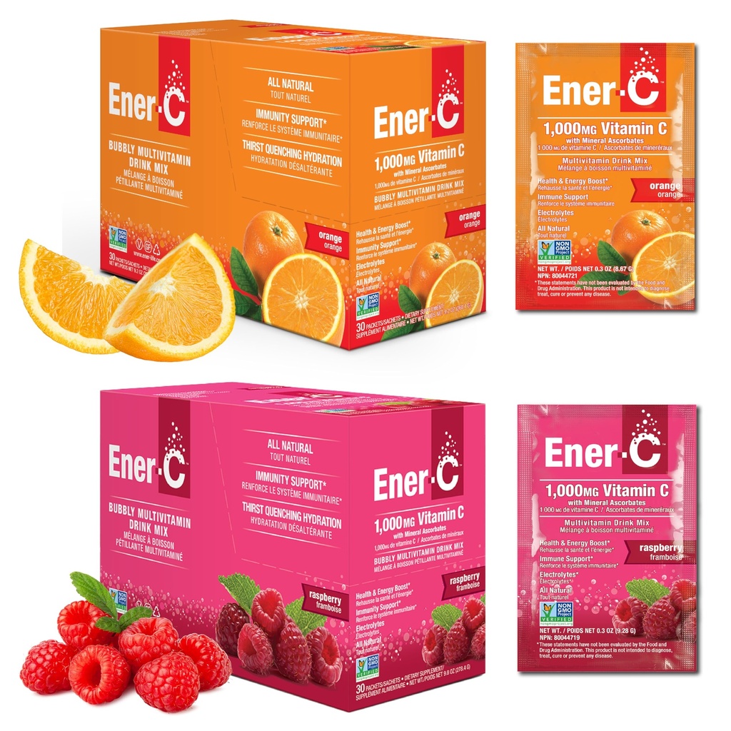 Ener-C Orange & Raspberry Multivitamin Bevo Polvere Vitamina C 1000mg & Electrolytes con succo di frutta reale Energia naturale & Supporto immunitario per le donne & uomini - Non OGM Vegan & Gluten Free - 60 Conte