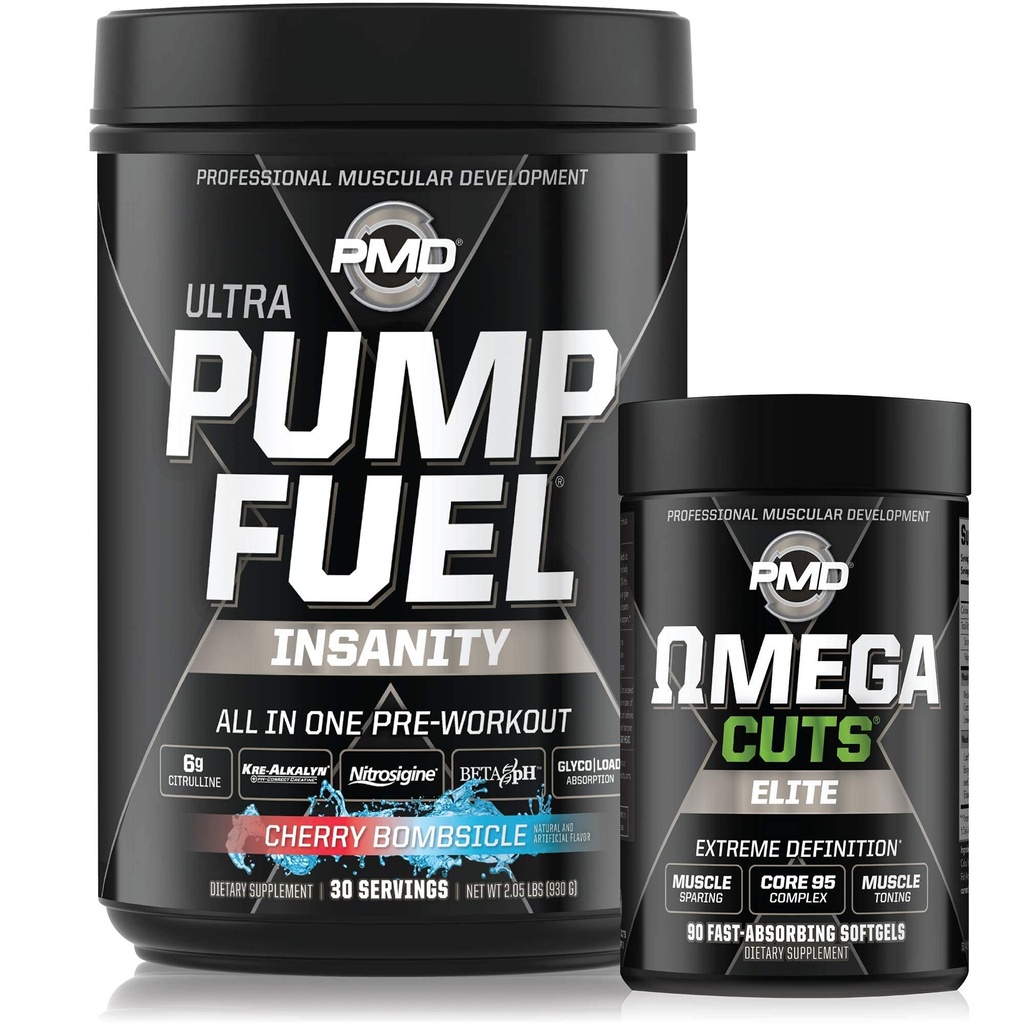 PMD Sports Ultra Pump Insanity carburante - Pre allenamento - Cherry Bombsicle (30 Serve) Sport Omega Cuts Elite Thermogenic Fat Burner (90 Softgels)