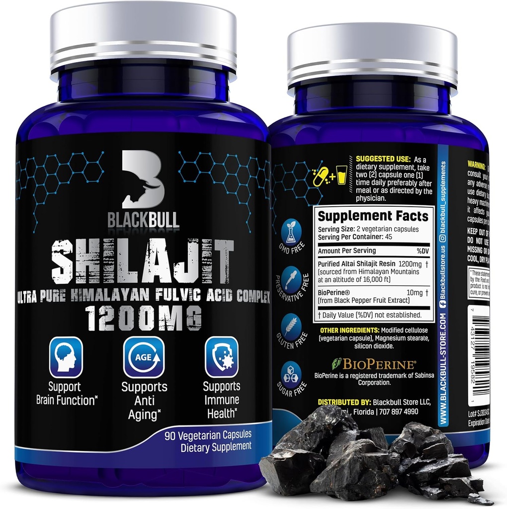 Blackbull Shilajit Pure Himalayan Organic Capsule - Natural Shilajit Resina Organico con 20% Supplemento acido Fulvico, Salute cerebrale, Supporto immunitario invecchiante - Pure Himalayan Shilajit