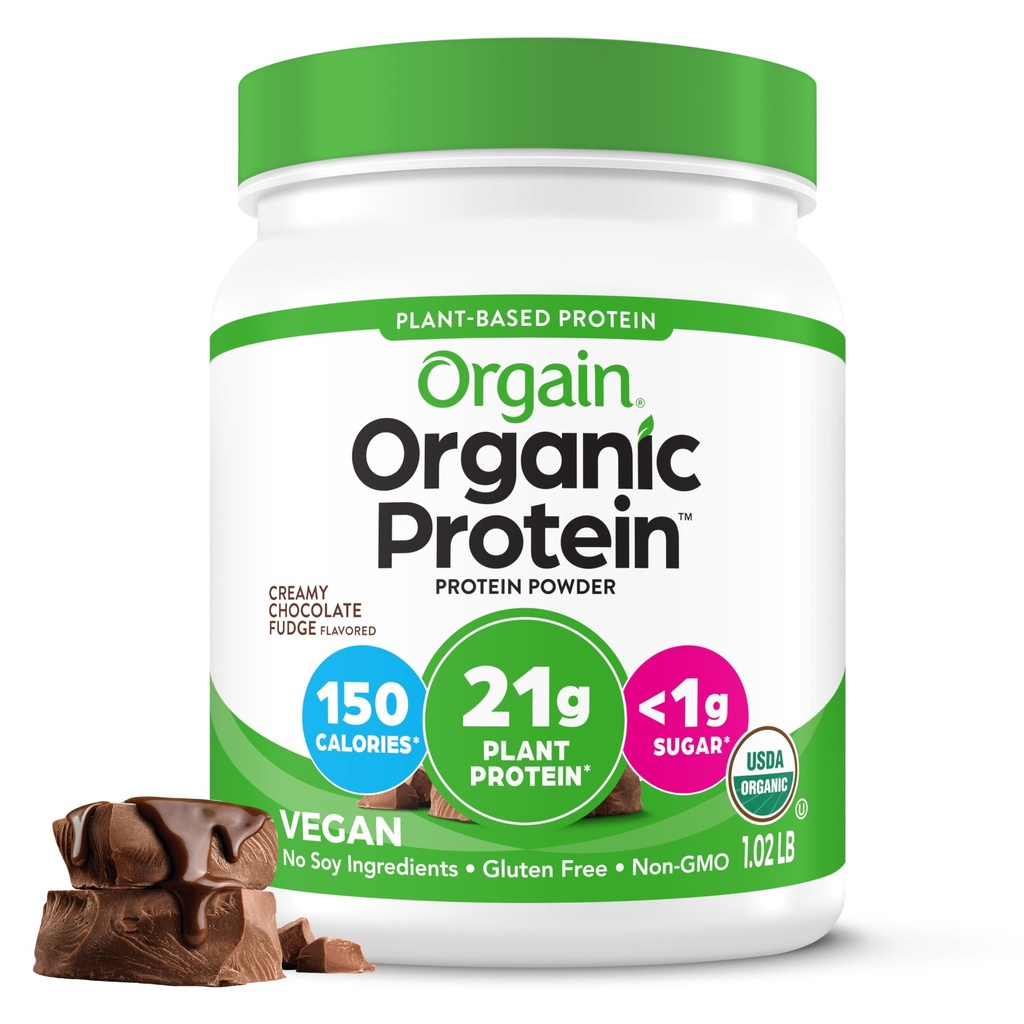 Orgain Organic Vegan Protein Powder, Creamy Chocolate Fudge - 21g Plant Protein, 7g Prebiotic Fiber, Low Net Carb, Nessun Lattosio Ingredienti, Non Aggiunto Zucchero, Non OGM, Per Shakes & Smoothies, 1.02 lb