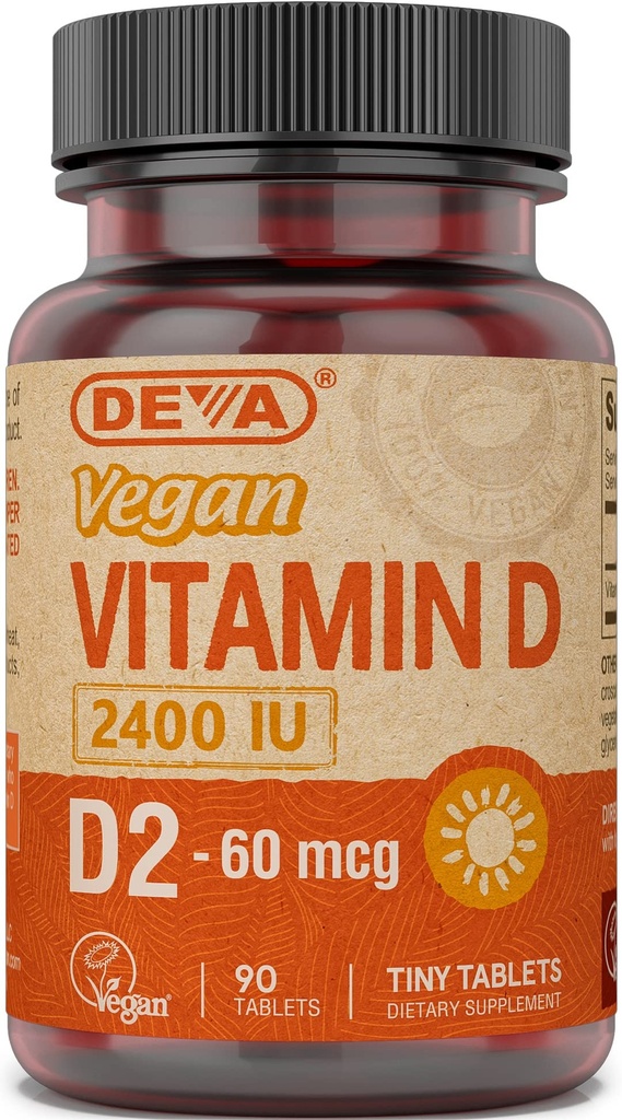 DEVA Vegan Vitamina D2 60 mcg 2400 IU, Ergocalciferol Supplemento senza ingredienti animali, 90 compresse, 1-Pack