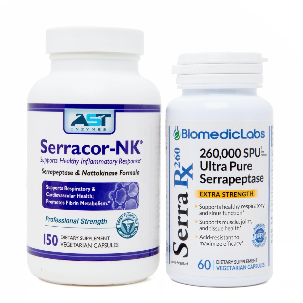 Serracor-NK & Serra-RX 260,000 SU - Scar Tissue Bundle (150 capsule & 60 capsule) - Acid-Resistant Serrapeptase Proteolytic Systemic Enzyme, Respiratory & Lung Support