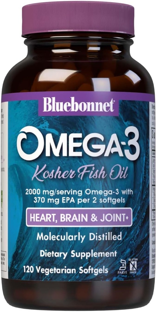 Bluebonnet Nutrition Omega-3 Kosher Fish Oil, Natural Triglyceride Form, Gluten-Free, Dairy-Free, Kosher Certified, Non-OGM, Terza Parte Testata, Distillata molecolare, 120 Vegetarian Softgel, 60 Serving