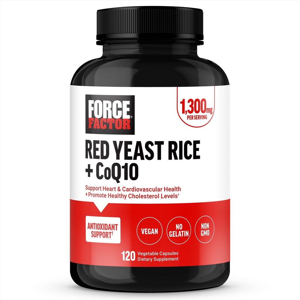 FORCE FACTOR Red Yeast Rice + CoQ10 Supplemento per il supporto antiossidante, Non OGM, Vegan-Friendly, Qualità Premium, 120 capsule