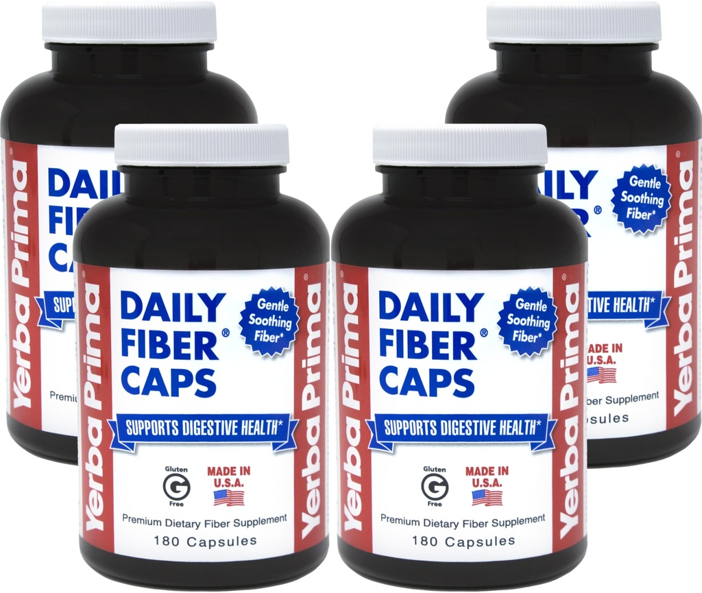 Yerba Prima Daily Fiber Caps - 180 Capsules, (Pack of 4) - Solubili & Insolubili Dietetici Fibra Supplemento - Colon Cleanse - Gut Health - Vegan, Non OGM, Senza glutine