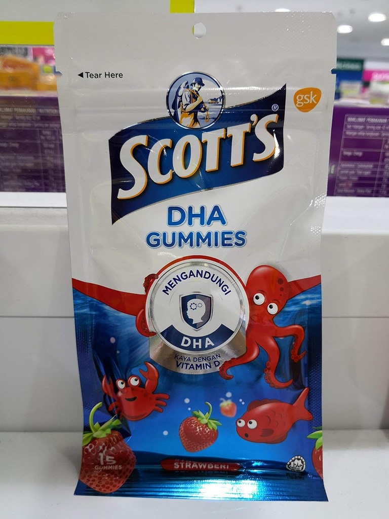 Gummie DHA di Scott, Sapore di fragola, 15s, Vitamina D,Essenziale per la crescita sana e lo sviluppo nei bambini e la funzione immunitaria sana.