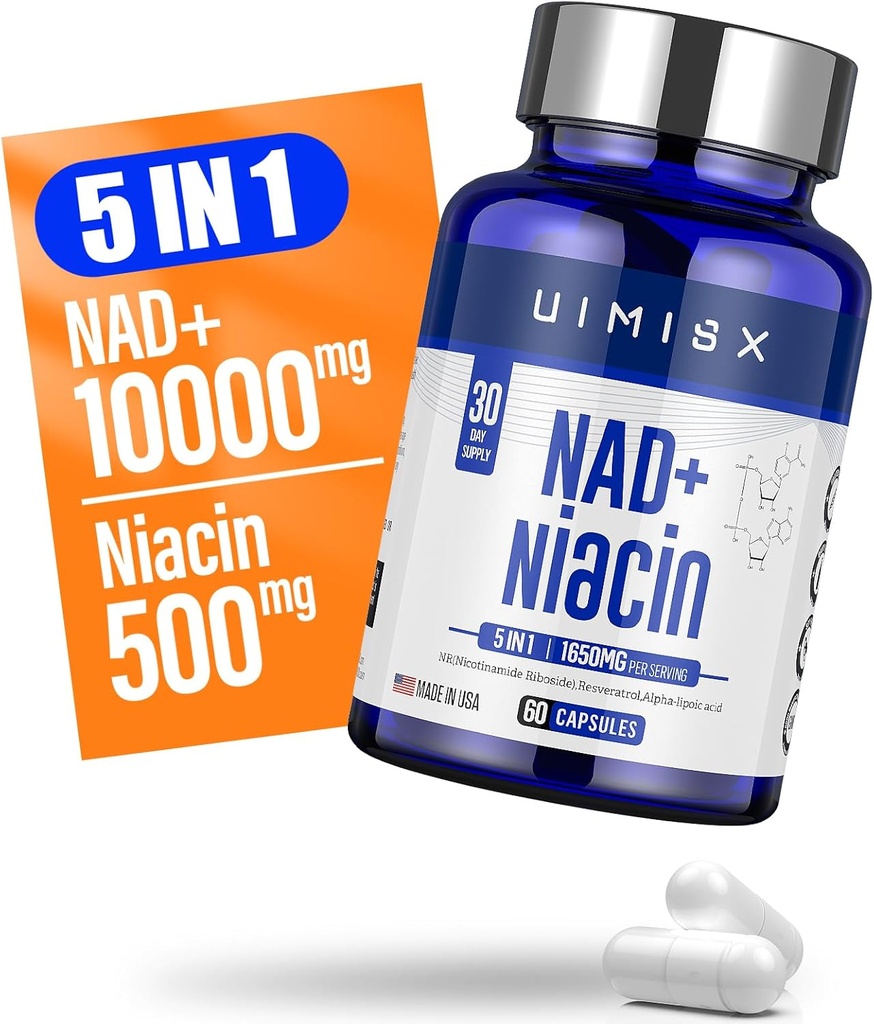NAD+ Supplemento 1000mg & Niacin (Vitamin B3) 500mg, Nad Plus Boosting Supplemento per Donna e Uomo, Nicotinamide Riboside (NR) Supporta Anti-invecchiamento, Energia, Cervello, Muscolo, Non OGM, Senza glutine,74