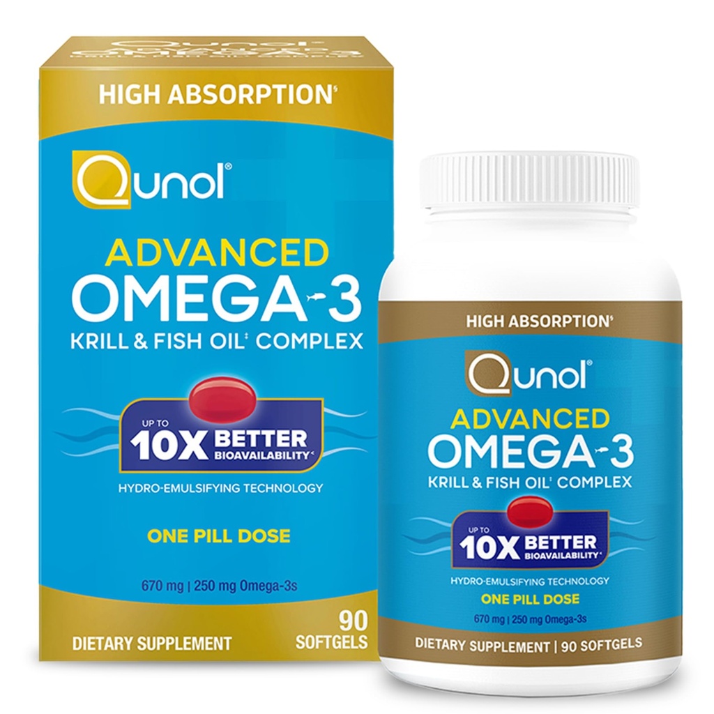 Qunol Advanced Omega 3 Krill e Fish Oil Complex, 10x migliore biodisponibilità, One Pill Dose, 250 mg EPA & DHA, Supporta cervello, occhio, cuore e salute comune, 90 conteggio (pacchetto di 1)