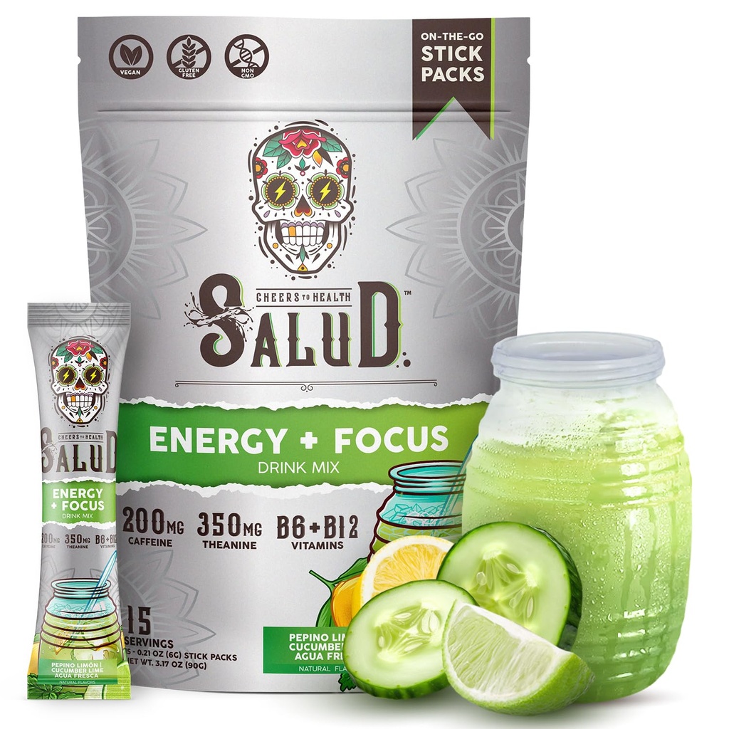 Salud 2-in-1 Energy Drink Powder + Focus, Lime di cetriolo, Caffeina organica, B6 + B12, Theanine, Bevande di energia pulita, Agua Fresca Mix, Non-GMO, Gluten Free, Vegan, 1g di zucchero, (15 Serve)