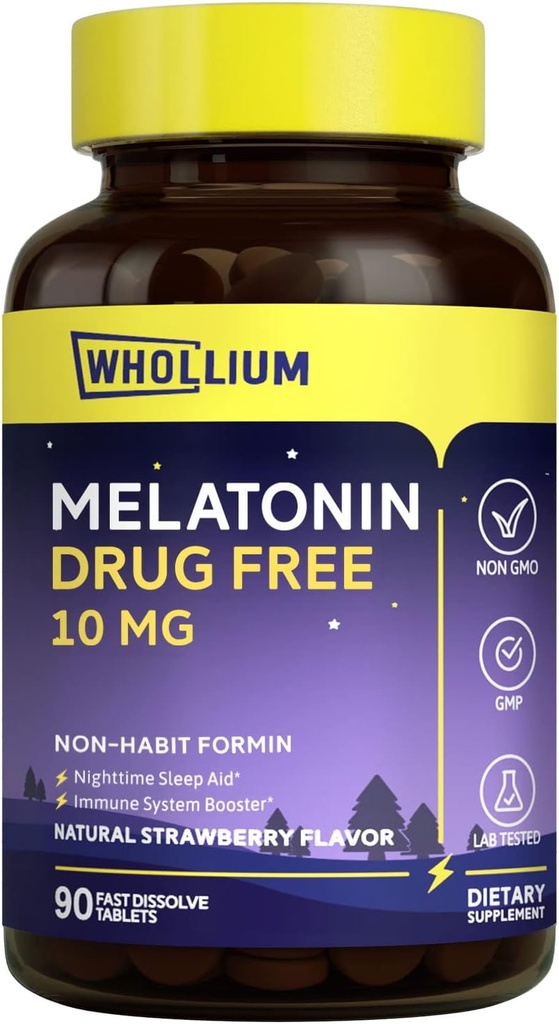 Melatonin 10 mg, Natural Strawberry Flavor, Easy-Melted, Riposo notturno, Calma mente, 90 Tabs