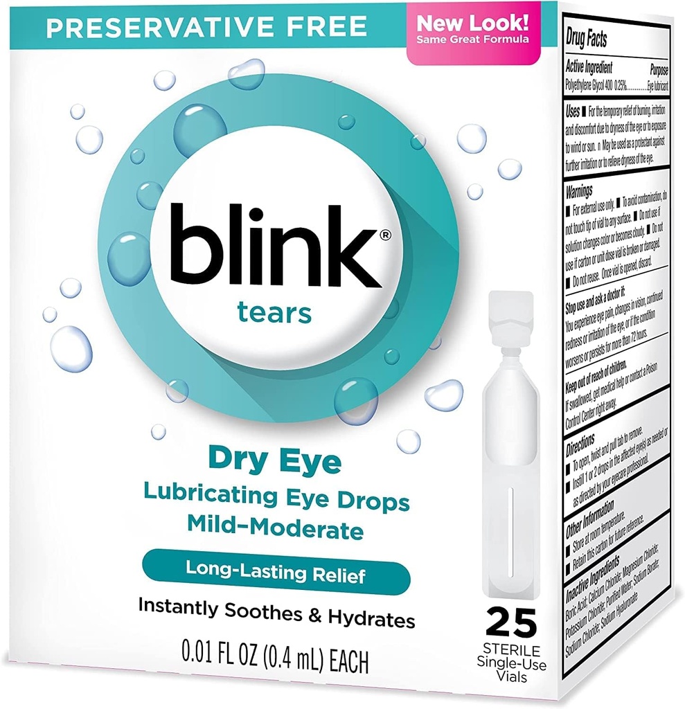 Blink Lacrime Lubrificante Occhio Gocce Mild-Moderate Dry Eye .01 Fl Oz 25 Conte
