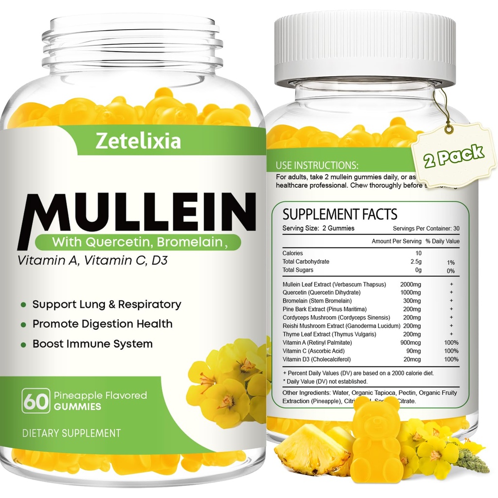 Gummie di Mullein per polmoni chiari, 10 in 1 Estratto di foglie di Mullein per polmoni, Gummie di quercetina di Mullein per la pulizia polmonare, Respiratorio, Immune, Sapore di ananas, 120 Conte